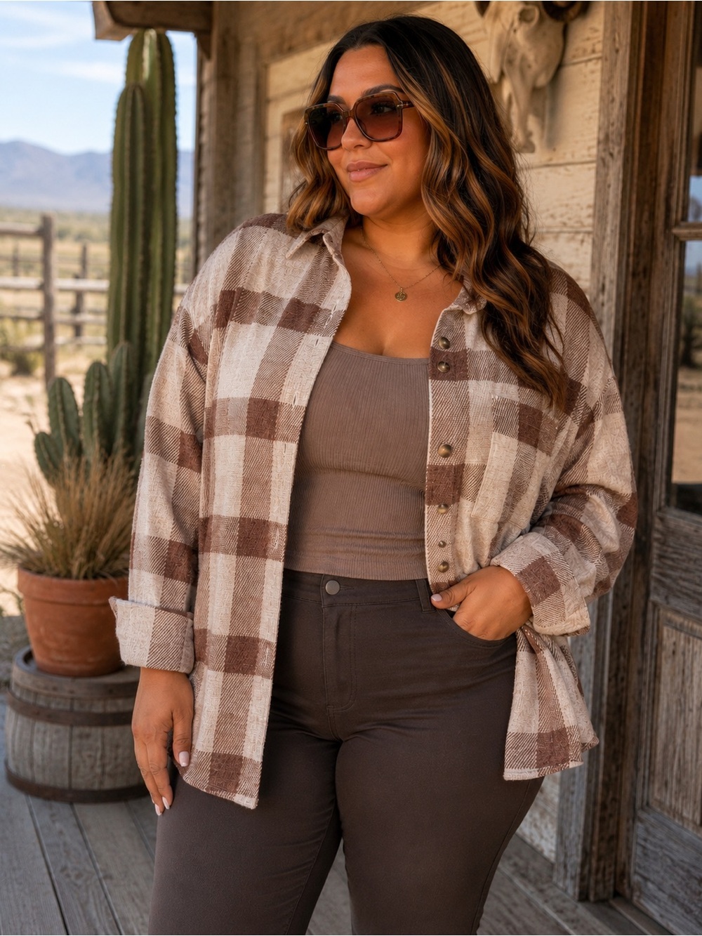 Plaid Shacket in Brown and Cream - Women's Cozy Layer